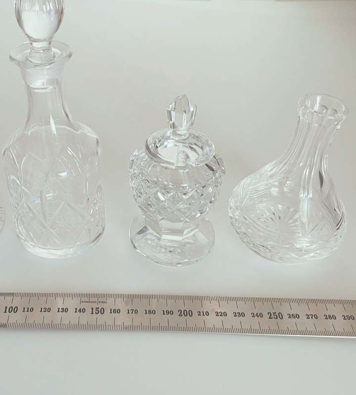 Set of 3 Small Crystal Decanters and Crystal Candle Holder - Excellent Condition
