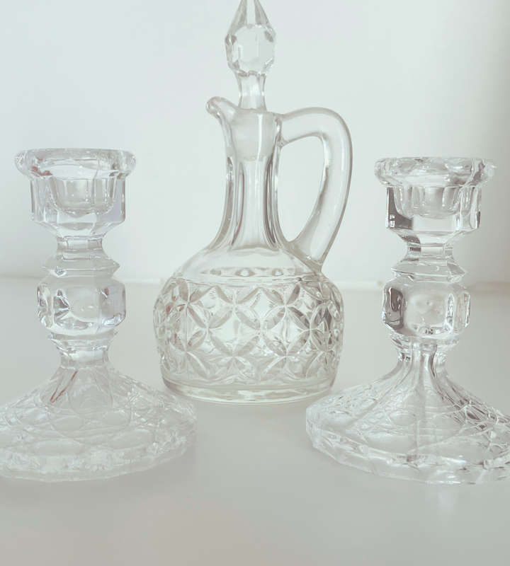 Vintage Pressed Glass Vinegar/Oil Decanter with Handle and Stopper + 2 Candle Holders