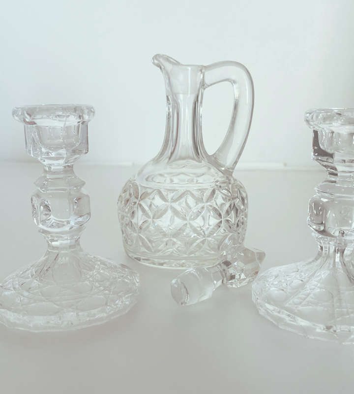Vintage Pressed Glass Vinegar/Oil Decanter with Handle and Stopper + 2 Candle Holders