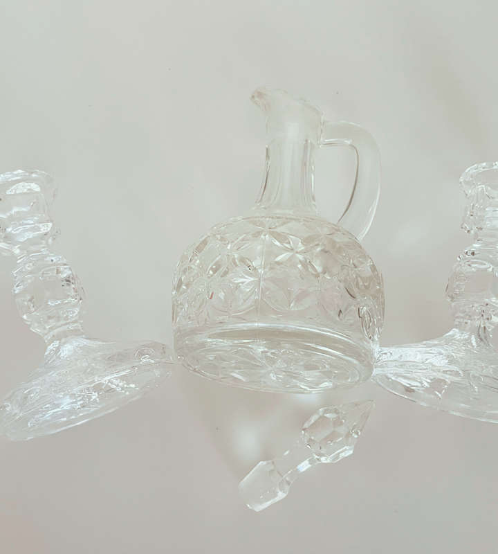 Vintage Pressed Glass Vinegar/Oil Decanter with Handle and Stopper + 2 Candle Holders