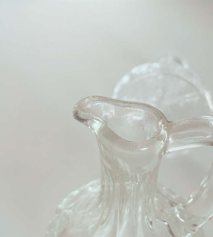 Vintage Pressed Glass Vinegar/Oil Decanter with Handle and Stopper + 2 Candle Holders