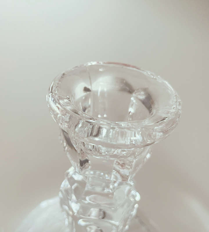 Vintage Pressed Glass Vinegar/Oil Decanter with Handle and Stopper + 2 Candle Holders