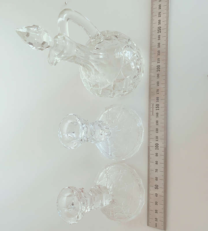 Vintage Pressed Glass Vinegar/Oil Decanter with Handle and Stopper + 2 Candle Holders