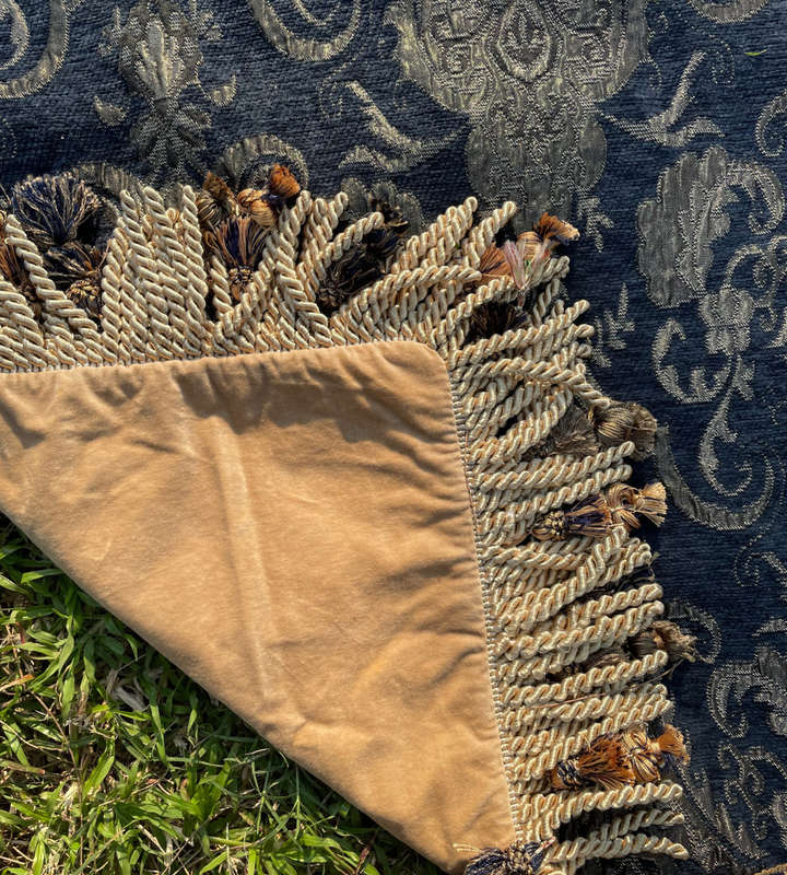 Heavy Traditional Indigo and Gold Upholstered Fabric with Velvet Suede Back - Reduced