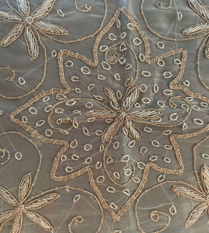 Reduced - 2 Piece Vintage Handmade Embroidered Silk Organza Tablecloth with Beaded Silver Wire
