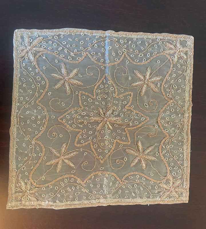 Reduced - 2 Piece Vintage Handmade Embroidered Silk Organza Tablecloth with Beaded Silver Wire