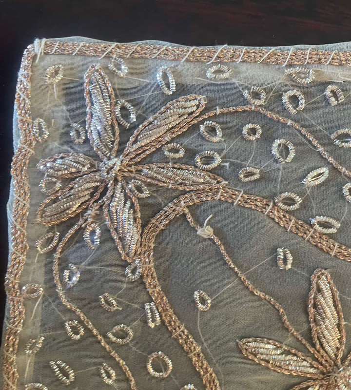 Reduced - 2 Piece Vintage Handmade Embroidered Silk Organza Tablecloth with Beaded Silver Wire