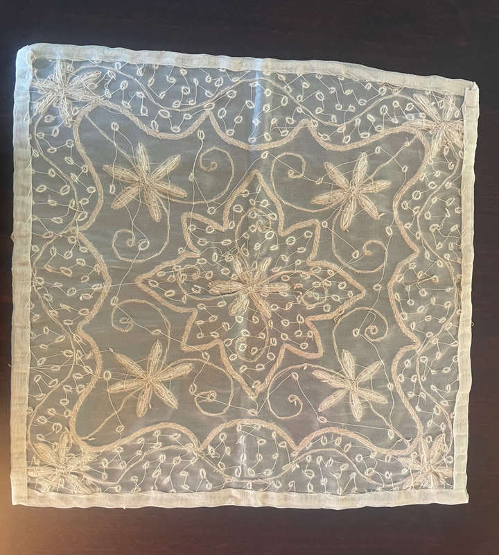 Reduced - 2 Piece Vintage Handmade Embroidered Silk Organza Tablecloth with Beaded Silver Wire