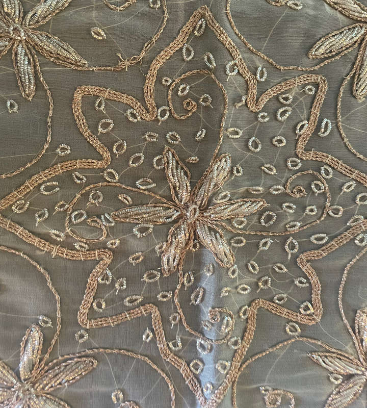 Reduced - 2 Piece Vintage Handmade Embroidered Silk Organza Tablecloth with Beaded Silver Wire