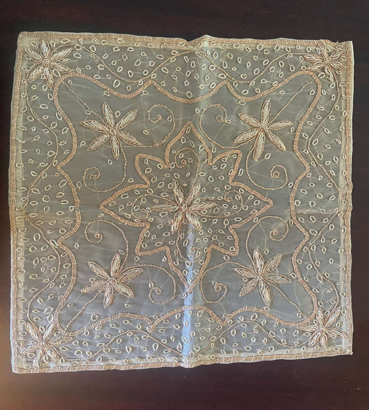 Reduced - 2 Piece Vintage Handmade Embroidered Silk Organza Tablecloth with Beaded Silver Wire