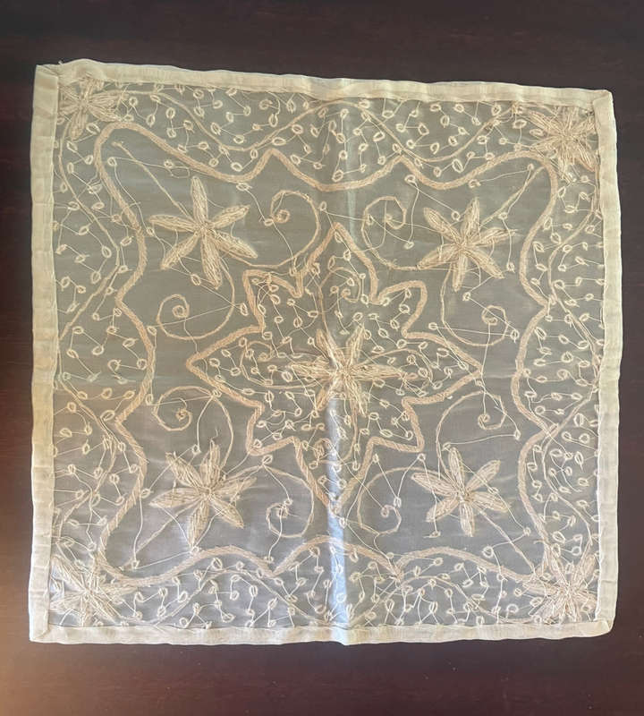 Reduced - 2 Piece Vintage Handmade Embroidered Silk Organza Tablecloth with Beaded Silver Wire