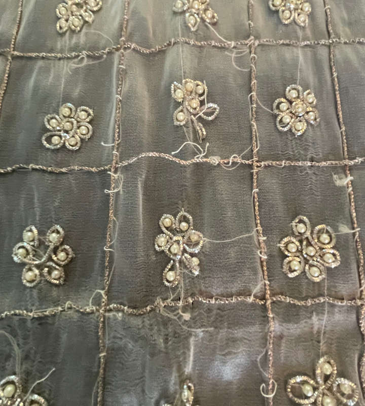 Reduced! Vintage Handmade Embroidered Silk Organza Tablecloth with Beaded Silver Wire - Zardosi