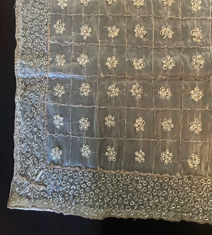 Reduced! Vintage Handmade Embroidered Silk Organza Tablecloth with Beaded Silver Wire - Zardosi