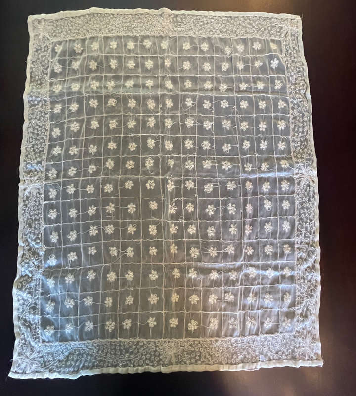 Reduced! Vintage Handmade Embroidered Silk Organza Tablecloth with Beaded Silver Wire - Zardosi