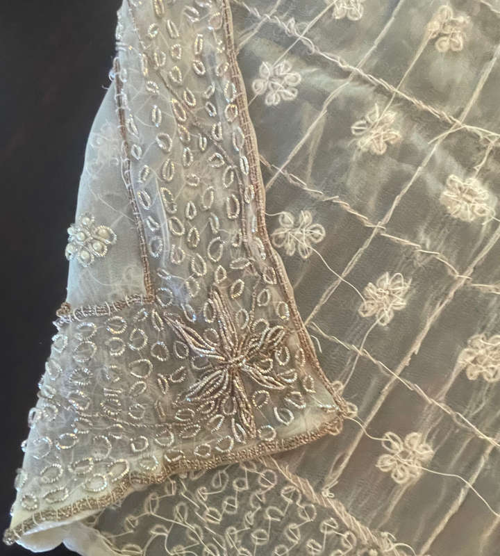 Reduced! Vintage Handmade Embroidered Silk Organza Tablecloth with Beaded Silver Wire - Zardosi