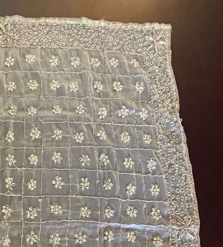 Reduced! Vintage Handmade Embroidered Silk Organza Tablecloth with Beaded Silver Wire - Zardosi