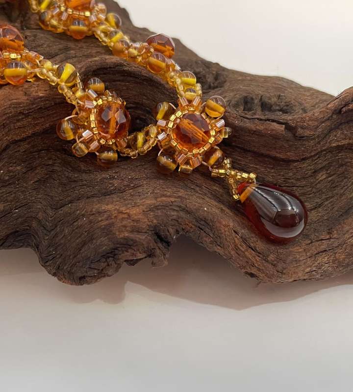 Floral Baltic Amber Color Faceted Glass Floral Bead Necklace with Gold-Plated Clasp
