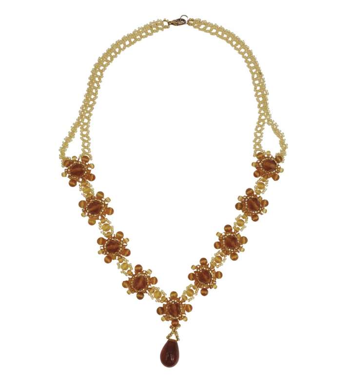 Floral Baltic Amber Color Faceted Glass Floral Bead Necklace with Gold-Plated Clasp