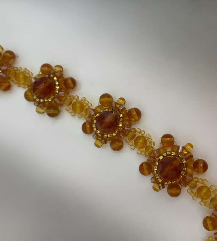 Floral Baltic Amber Color Faceted Glass Floral Bead Necklace with Gold-Plated Clasp