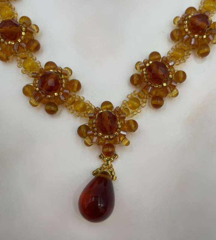 Floral Baltic Amber Color Faceted Glass Floral Bead Necklace with Gold-Plated Clasp