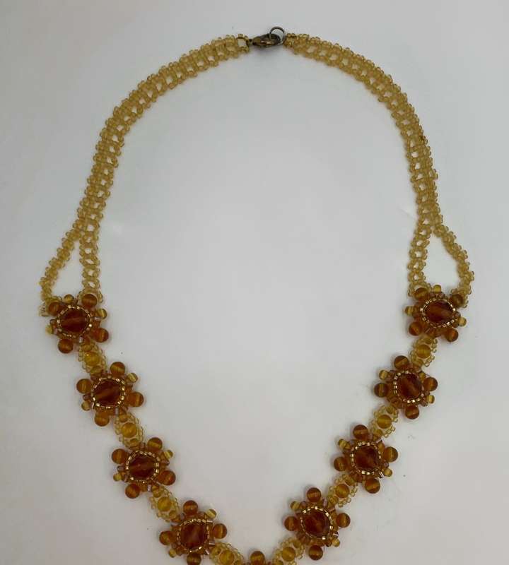 Floral Baltic Amber Color Faceted Glass Floral Bead Necklace with Gold-Plated Clasp