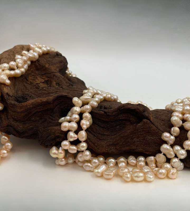 Peach Natural Baroque Pearl Strand - 152cm, 200g, Knotted, Irregular Peanut Shape Pearls