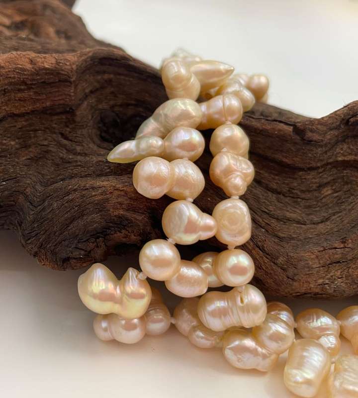 Peach Natural Baroque Pearl Strand - 152cm, 200g, Knotted, Irregular Peanut Shape Pearls