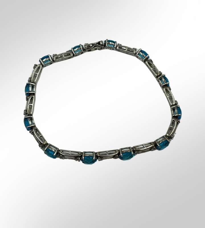 Vintage Sterling Silver Blue Topaz & CZ Link Tennis Bracelet - 925 Silver, 18cm, JH Marked