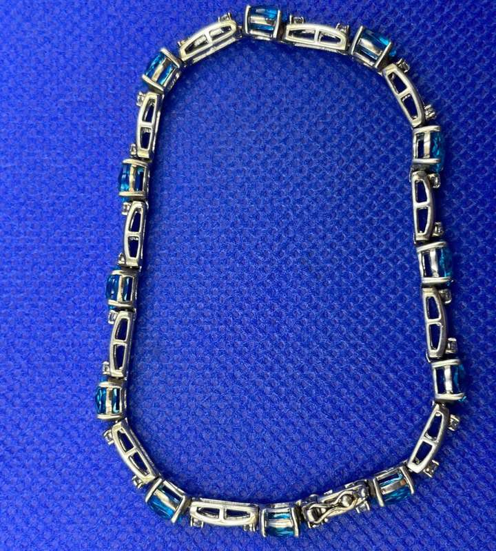 Vintage Sterling Silver Blue Topaz & CZ Link Tennis Bracelet - 925 Silver, 18cm, JH Marked