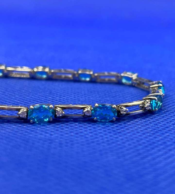 Vintage Sterling Silver Blue Topaz & CZ Link Tennis Bracelet - 925 Silver, 18cm, JH Marked