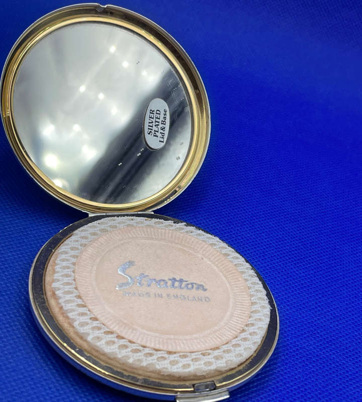Set of 3 Vintage Powder Compacts - Stratton Silver Plated, Floral Petit-Point, Brass & Mother of Pea