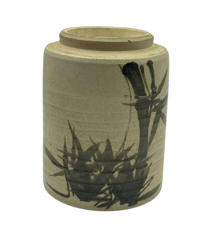 Original Kiyomizu-Ware Signed Sake Cup - Handpainted Bamboo Design, 11cm High