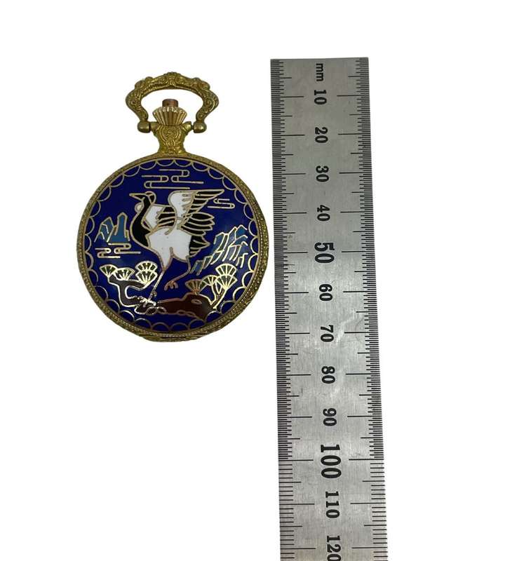 Vintage Art Nouveau-Inspired Gold-Plated Pocket Watch with Enamel Crane Design- Replica