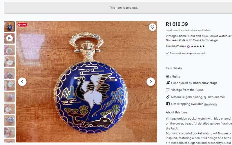 Vintage Art Nouveau-Inspired Gold-Plated Pocket Watch with Enamel Crane Design- Replica