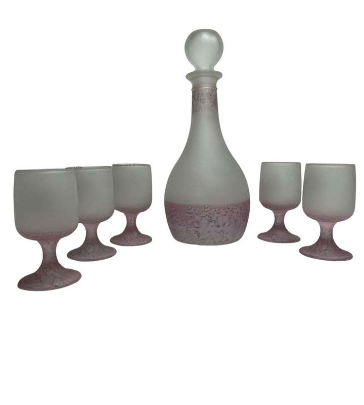 Al-Rama Hand Painted Frosted Glass Decanter Set with Holy Land Landmarks  6-Piece Souvenir Set