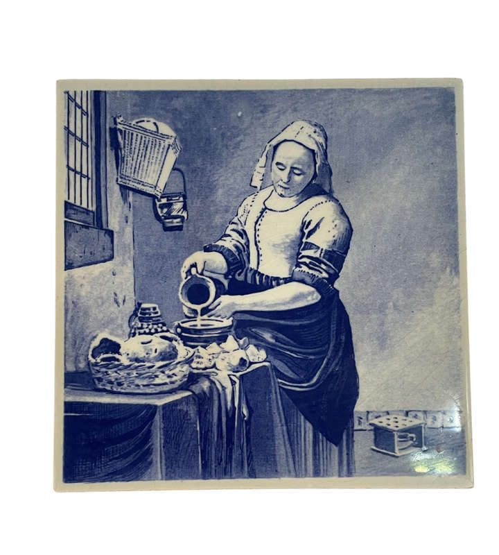 Rare Vermeer 1632-1675 Milkmaid Delft Blue Tile | 1970s German Ceramic | Rijksmuseum Amsterdam