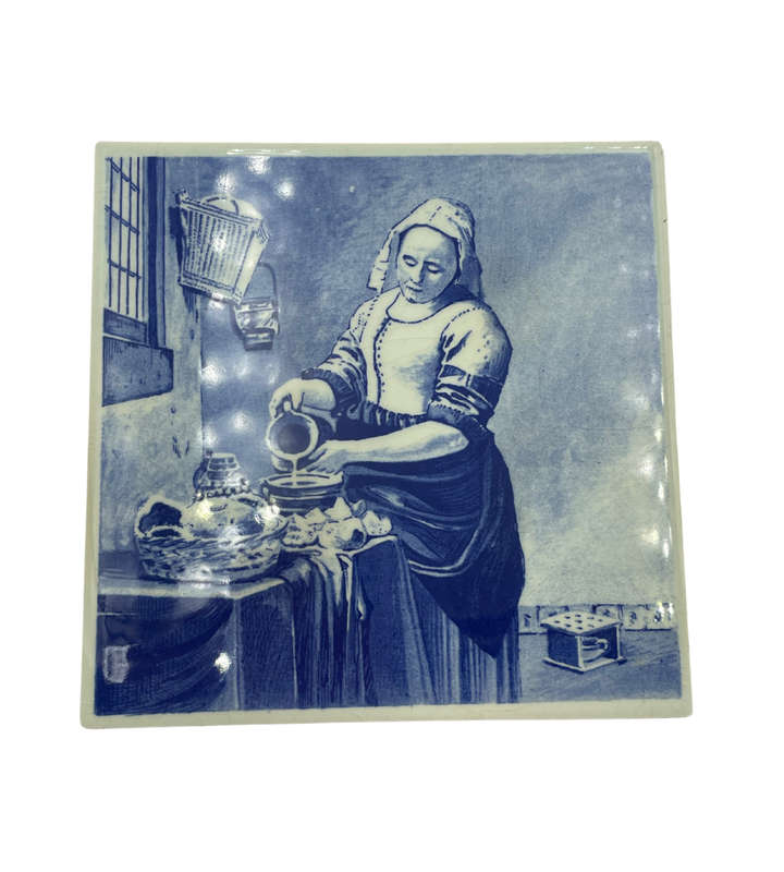 Rare Vermeer 1632-1675 Milkmaid Delft Blue Tile | 1970s German Ceramic | Rijksmuseum Amsterdam