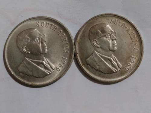 2 Silver 1 RAND COINS 1969 1 ENGLISH AND ONE AFRIKAANS one bid for both.