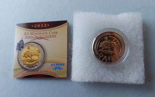 2012 OOM PAUL 5 RAND MINTMARK COIN IN CAPSULE. CERTIFICATE AND BOX