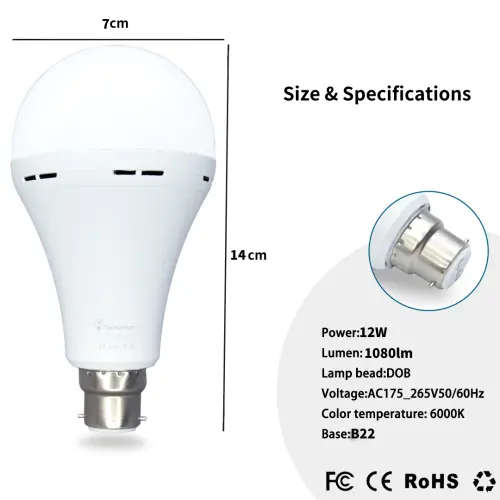2 Pack 12W Rechargeable Bulbs Auto On With Battery For Emergency Use - B22