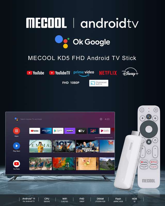 MeCool Android TV Box HD Dongle - Certified Netflix DStv Disney+ TV Stick