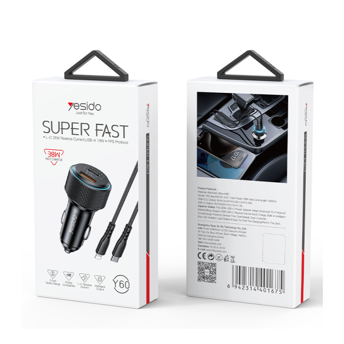 Yesido  Y60 - 38W PD Reverse Charging Fast Charging Car Charger
