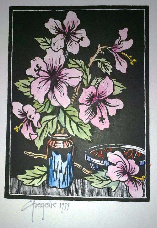 Gregoire Boonzaire Lino-cut: Hibiscus in Vase with Bowl