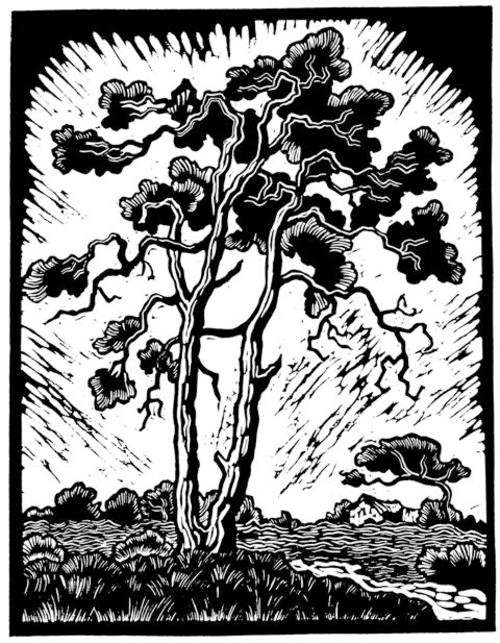 Gregoire Boonzaier -Cottage,Trees, Kenilworth Cape, with Muizenberg Mountains - Linocut