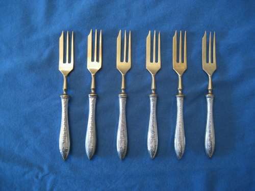 VINTAGE SET of SIX CAKE FORKS: Gold Washed Prongs: 800 Silver Handles