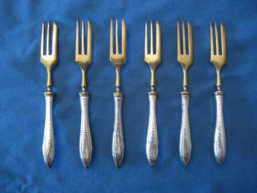 VINTAGE SET of SIX CAKE FORKS: Gold Washed Prongs: 800 Silver Handles