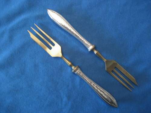 VINTAGE SET of SIX CAKE FORKS: Gold Washed Prongs: 800 Silver Handles
