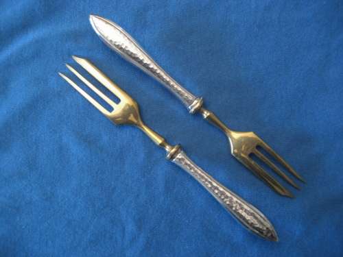 VINTAGE SET of SIX CAKE FORKS: Gold Washed Prongs: 800 Silver Handles