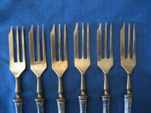 VINTAGE SET of SIX CAKE FORKS: Gold Washed Prongs: 800 Silver Handles