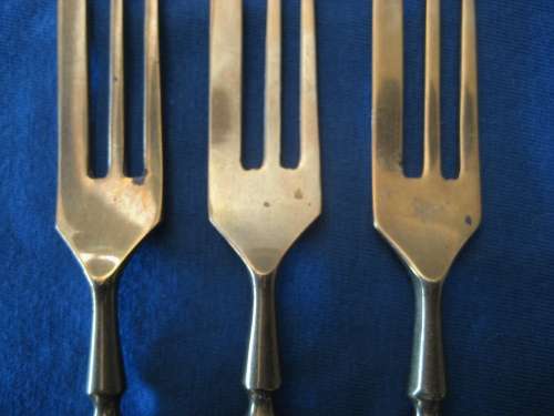VINTAGE SET of SIX CAKE FORKS: Gold Washed Prongs: 800 Silver Handles